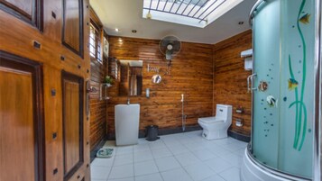 Ducha, secador de pelo, toallas y jabón