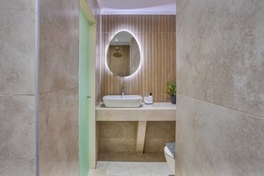 Deluxe Studio | Bathroom | Shower, hair dryer, towels, toilet paper - Argo Cozy Studios by Estia (Malia)