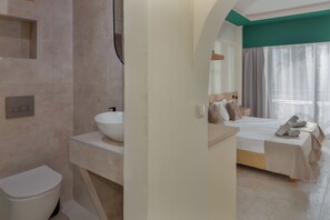 Deluxe Studio | Bathroom | Shower, hair dryer, towels, toilet paper - Argo Cozy Studios by Estia (Malia)