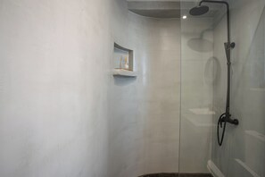 Deluxe Studio | Bathroom | Shower, hair dryer, towels, toilet paper - Argo Cozy Studios by Estia (Malia)
