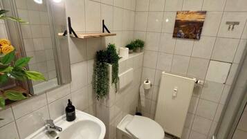 A bathroom with a sink, toilet, and shower area. There are plants on the shelves, a radiator, and a mirror.