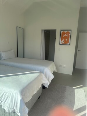 Ein Schlafzimmer mit zwei Betten, einer Tür, einem Spiegel und einem an der Wand befestigten Lichtschalter.