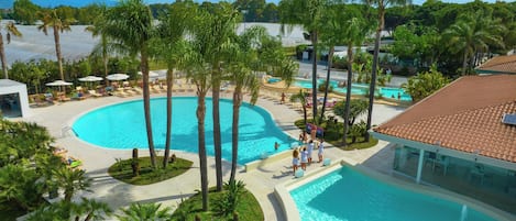 Seasonal outdoor pool, pool umbrellas, pool loungers
