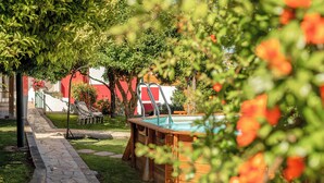 Ein Poolbereich mit Holzterrasse, einer Hängematte und einem roten Gebäude im Hintergrund.