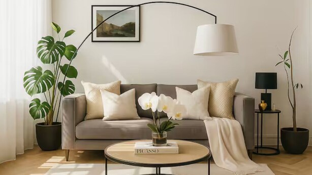 A living room with a sofa, a coffee table, a lamp, and potted plants. - Chic 2BR in Shoreditch Prime Location (London)