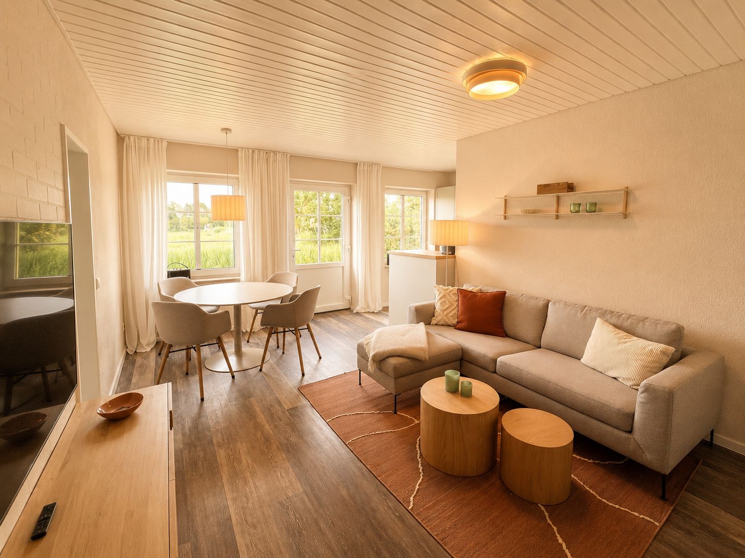 A modern living room with a sofa, a dining table with chairs, and a TV.
