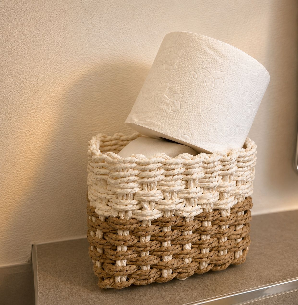 A woven basket with a rolled-up white towel placed inside.
