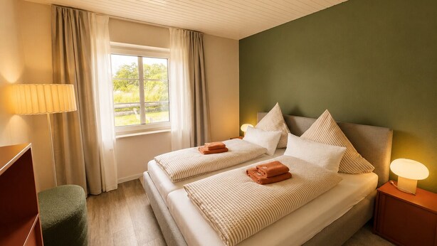 Et hotelværelse med en seng, to sengeborde med lamper, et skrivebord og et vindue med gardiner.
