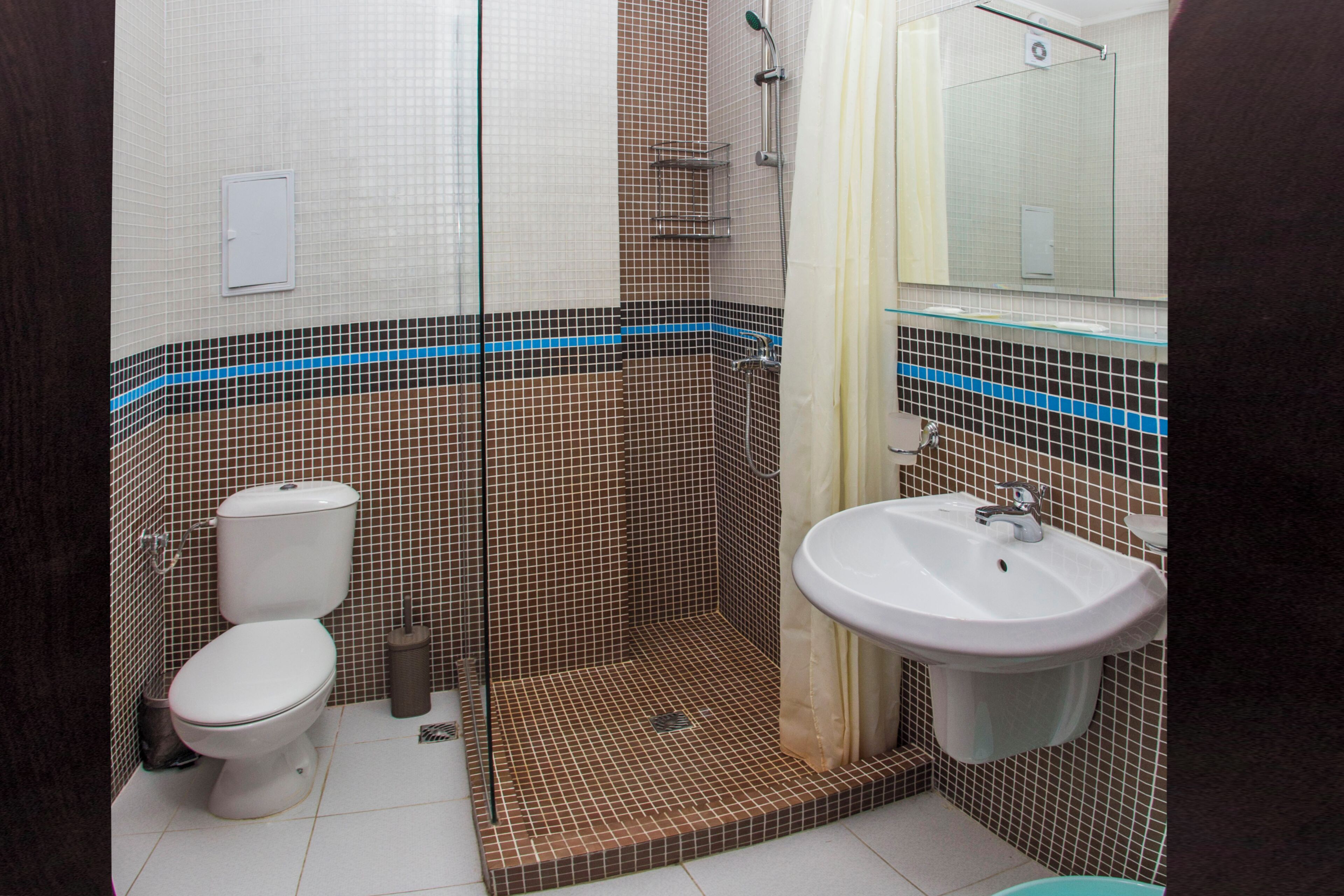 A bathroom with a toilet, shower, and sink.