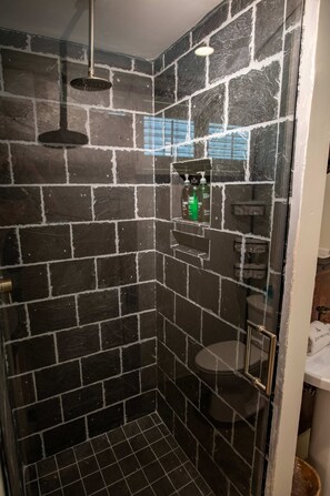 Chuveiro, secador de cabelo, toalhas de banho, shampoo