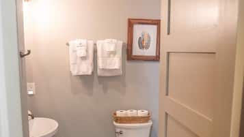 Douche, sèche-cheveux, serviettes fournies, shampoing