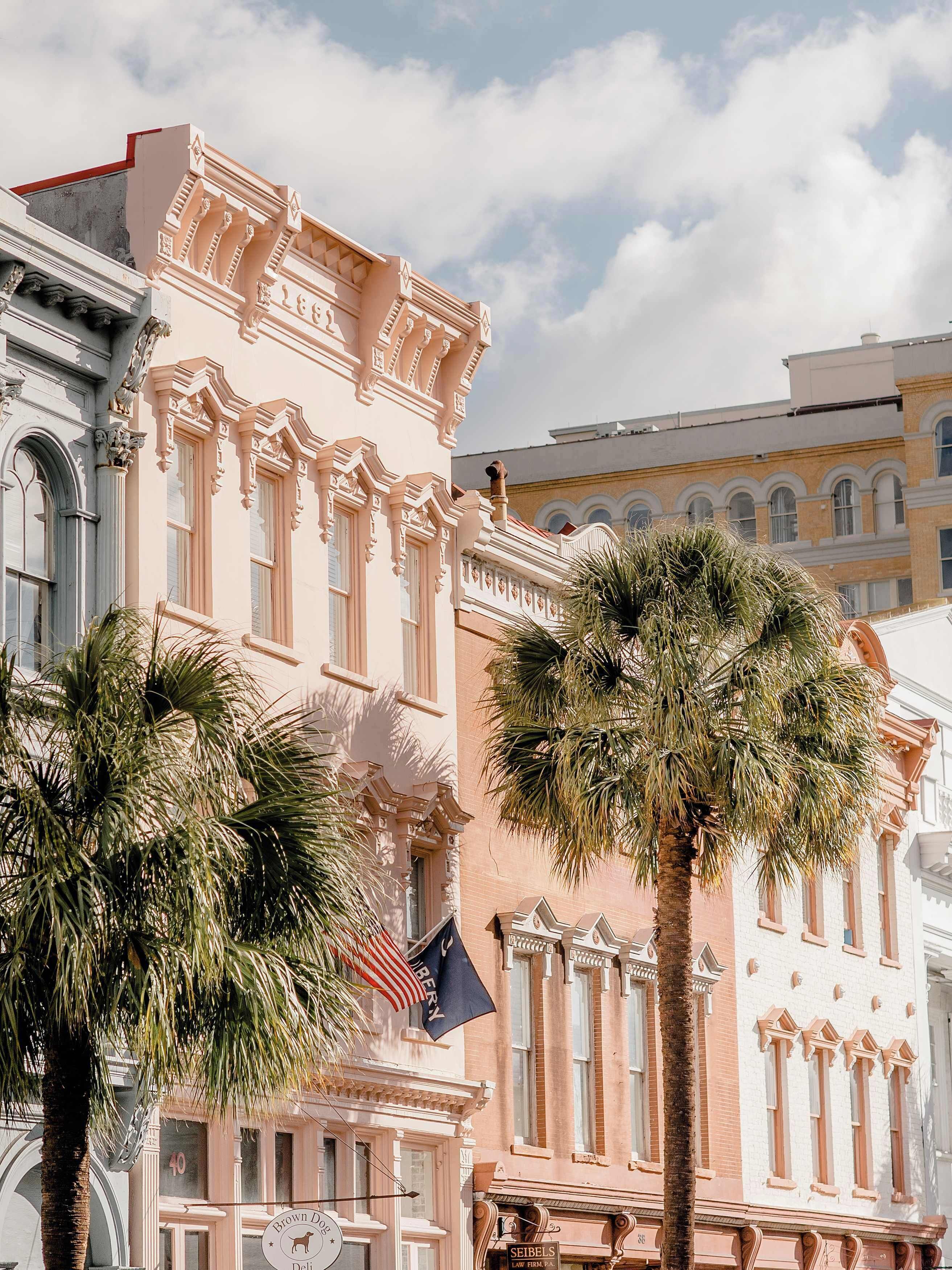 A historic building with ornate architectural details, a palm tree in the foreground, and a flag with 'SEIBELS' visible.