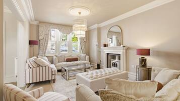 TV, fireplace, books