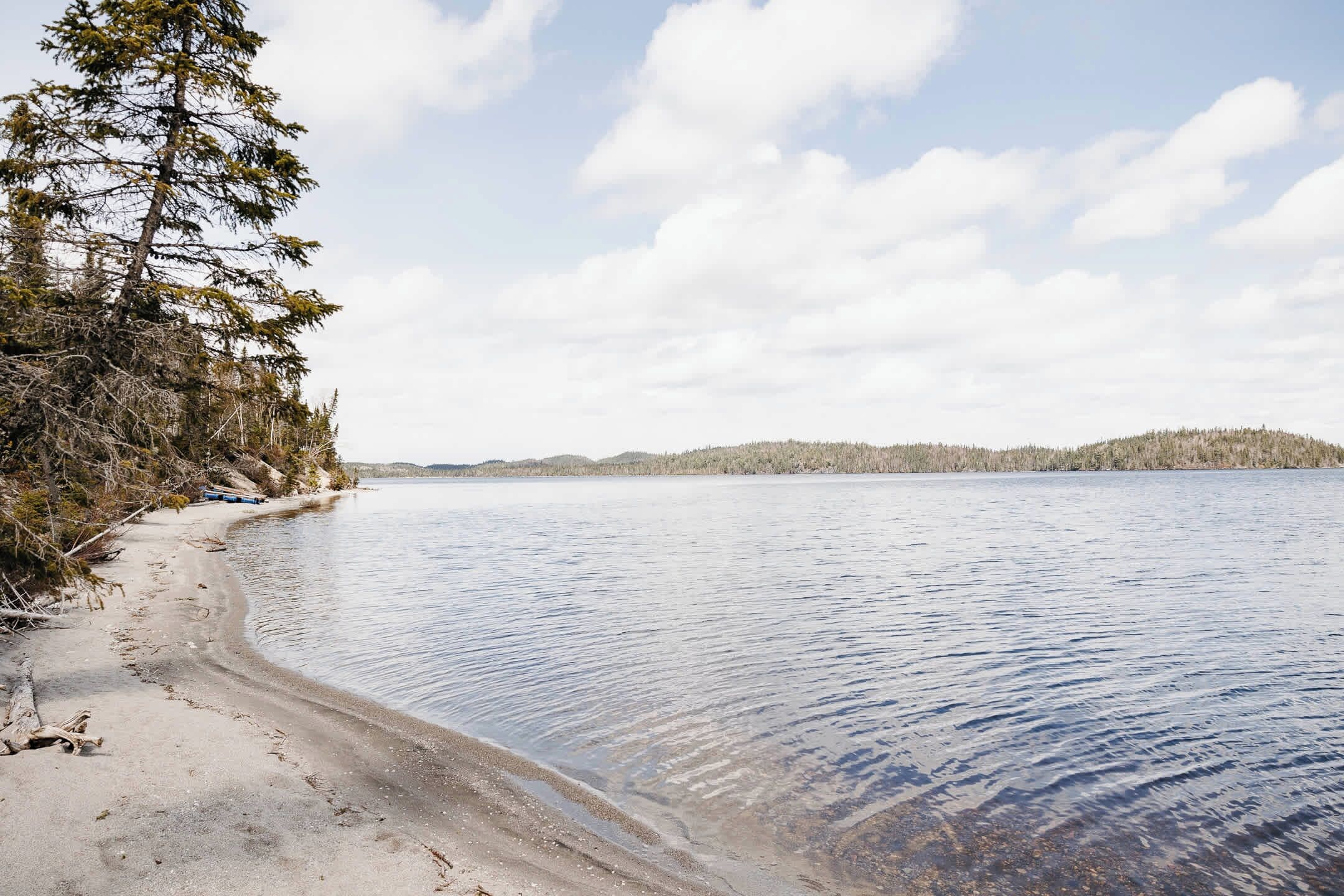 En rolig sø med en sandstrand, omgivet af træer og bakker i det fjerne.