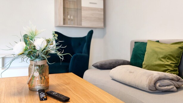 A wooden table with a vase of flowers, a remote control, and a sofa with green and gray cushions. - Apartment “Linke Hof” with Wi-Fi (Bobritzsch-Hilbersdorf)