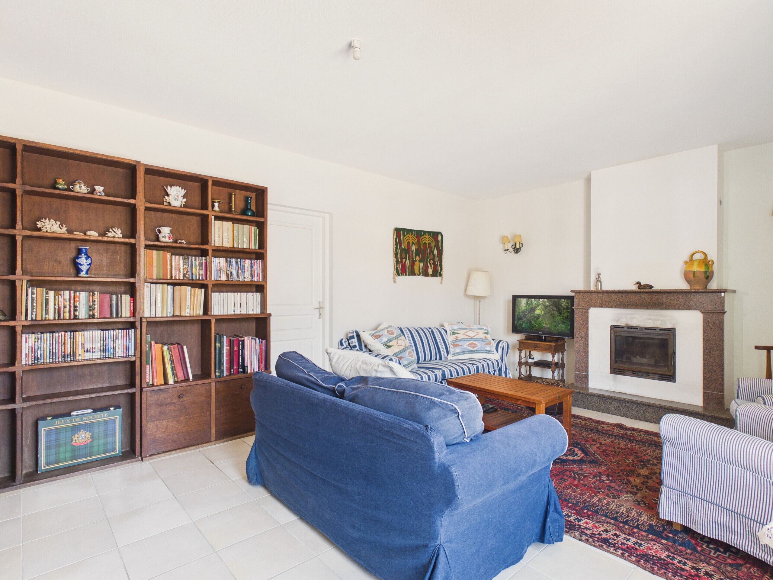 A living room with a blue sofa, a bookshelf, a television, and a fireplace.