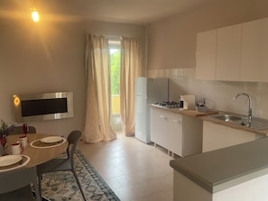 Une cuisine moderne Ă©quipĂ©e dâune cuisiniĂšre intĂ©grĂ©e, dâun Ă©vier et dâun tĂ©lĂ©viseur Ă Ă©cran plat fixĂ© au mur.