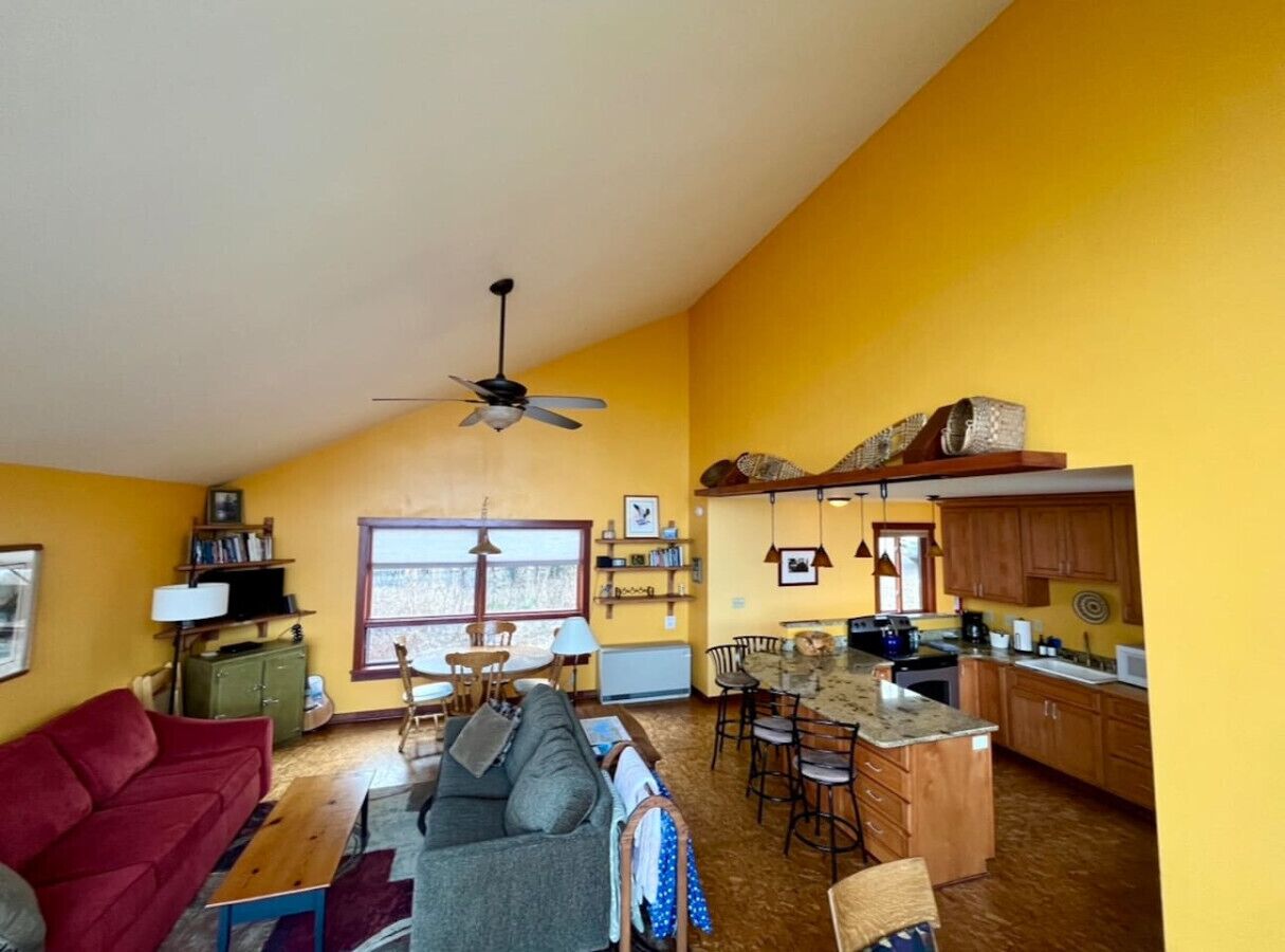A spacious living area with a dining table, a sofa, and a kitchen with wooden cabinets and a bar area.