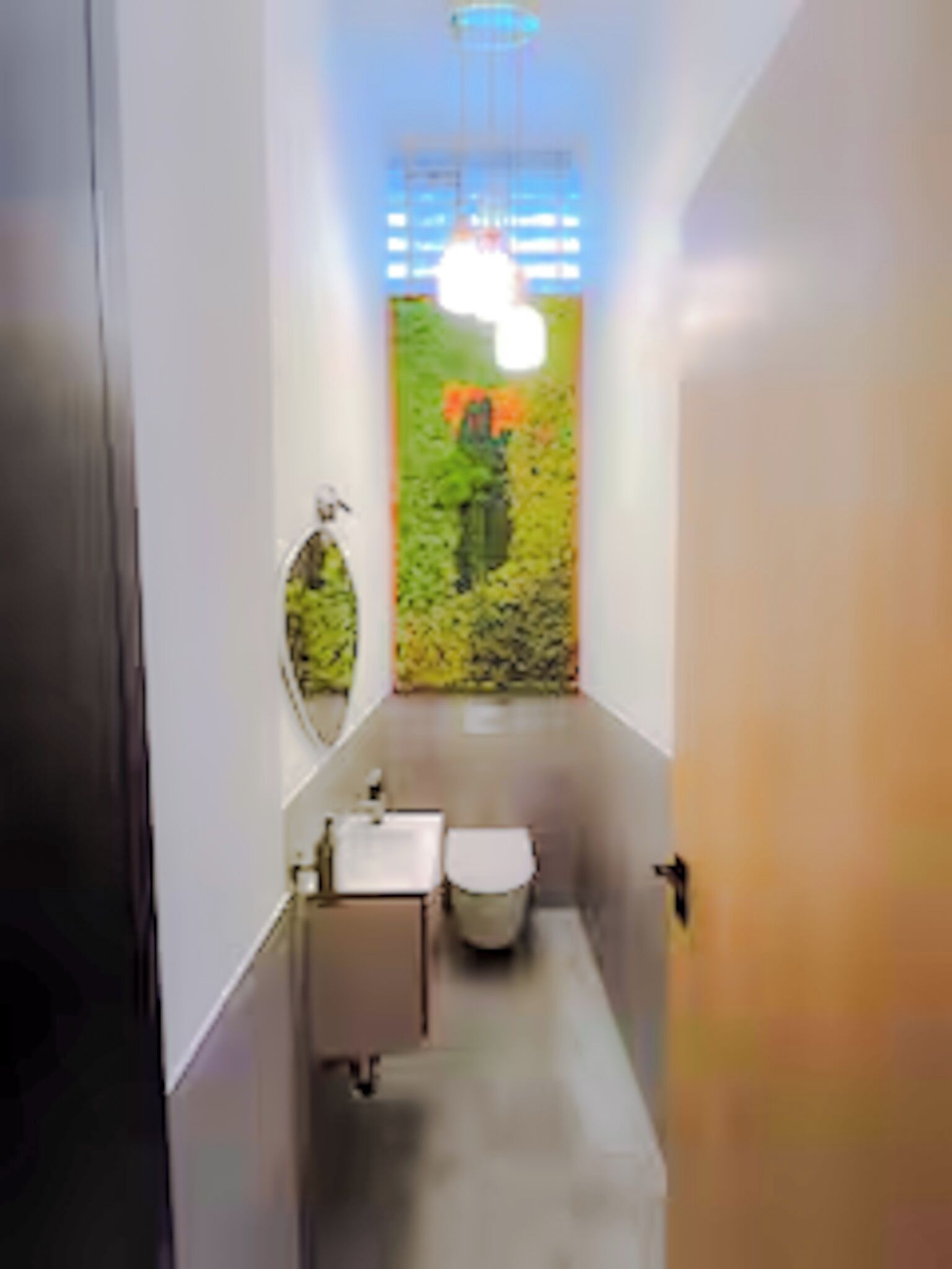 A narrow hallway leading to a bathroom with a toilet, sink, and mirror.