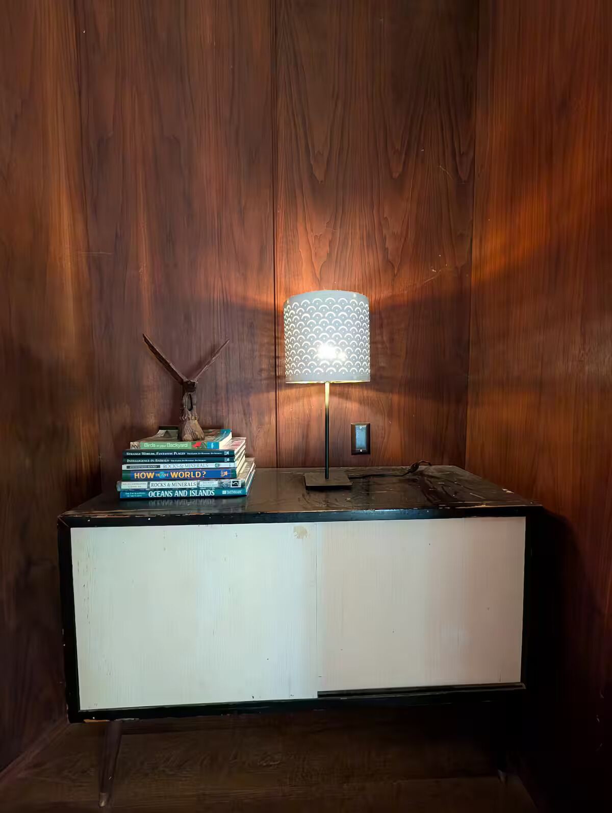 A wooden wall with a lamp and a stack of books on a white cabinet.