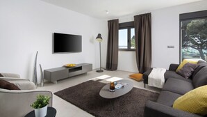 Un salon moderne avec un téléviseur à écran plat, un canapé gris et une table basse.