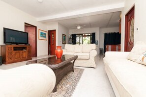A living room with a sofa, a coffee table, a TV, and a decorative vase. - New!! Monthly rentals! 2 bdrs Private Pool house/ BBQ close to the beach. (Playa del Carmen)