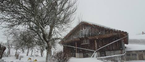 A snow-covered building with a metal roof and a wooden structure.