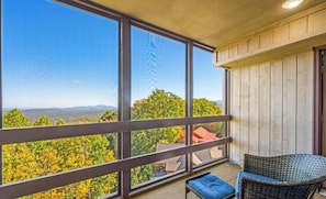 Ein Balkon mit Blick auf Bäume und Berge, ein Korbstuhl und eine Holzwand.