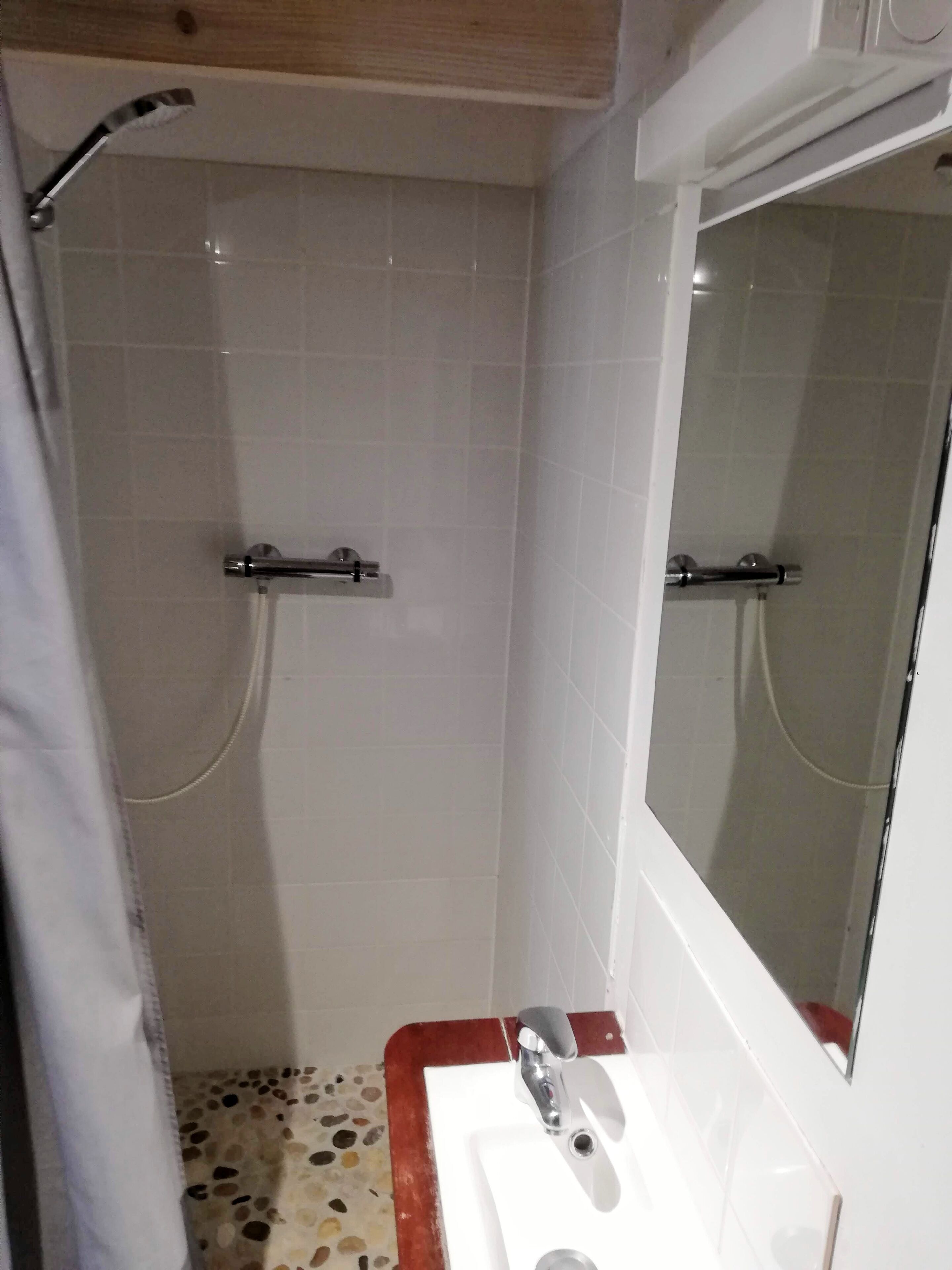 Een badkamer met een douche, wastafel en spiegel.