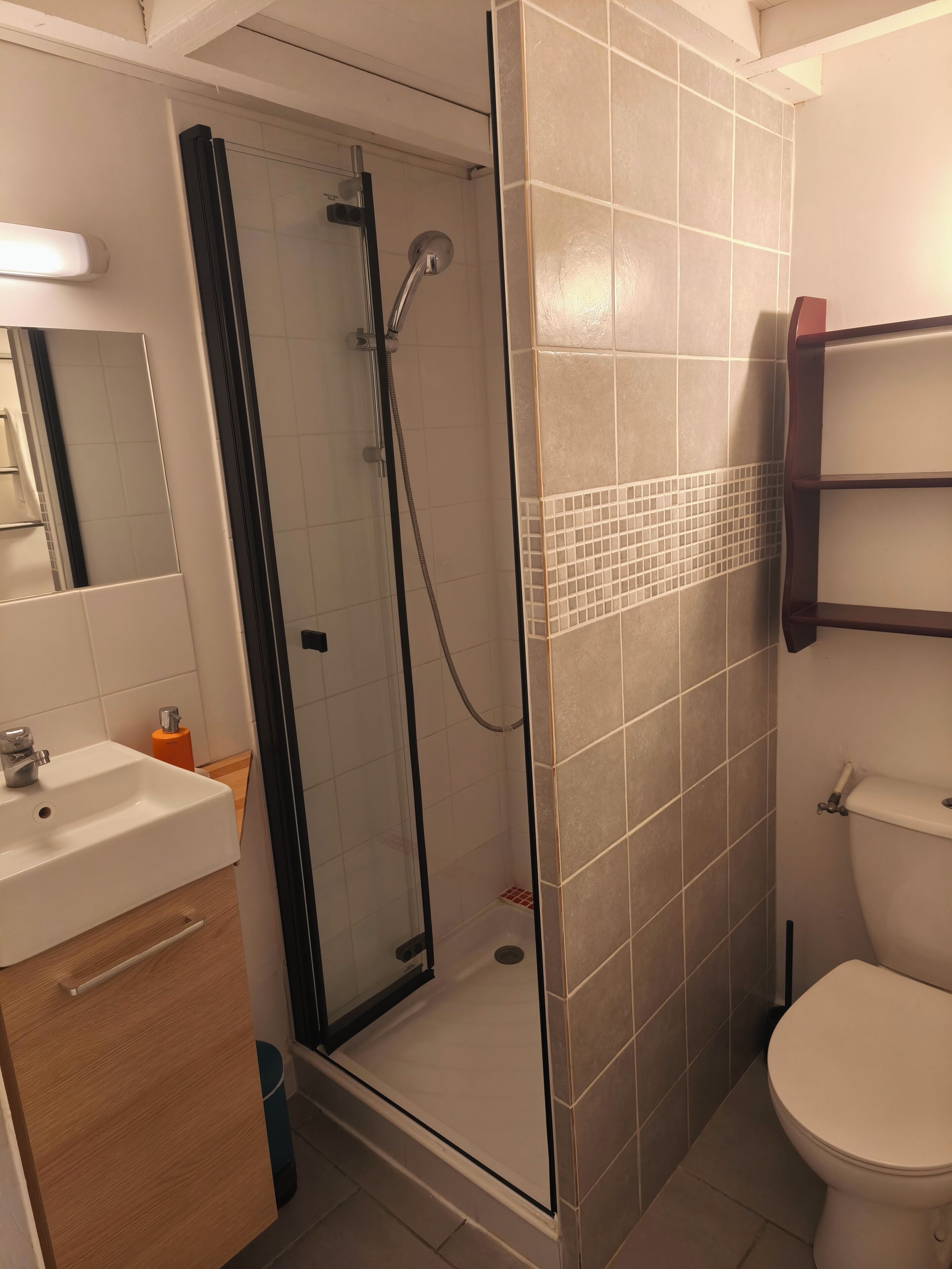 Un baño con ducha de vidrio, lavamanos blanco y un inodoro.
