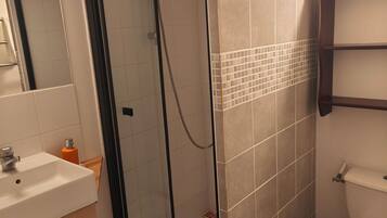 Un baño con ducha de vidrio, lavamanos blanco y un inodoro.