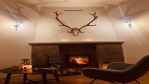 A living room with a fireplace, a mounted deer skull, and a modern chair.