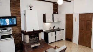 A living room with a fireplace, a television, and a kitchen area with cabinets and a sink. - Holiday apartment for 4 people, Rowy (Rowy)