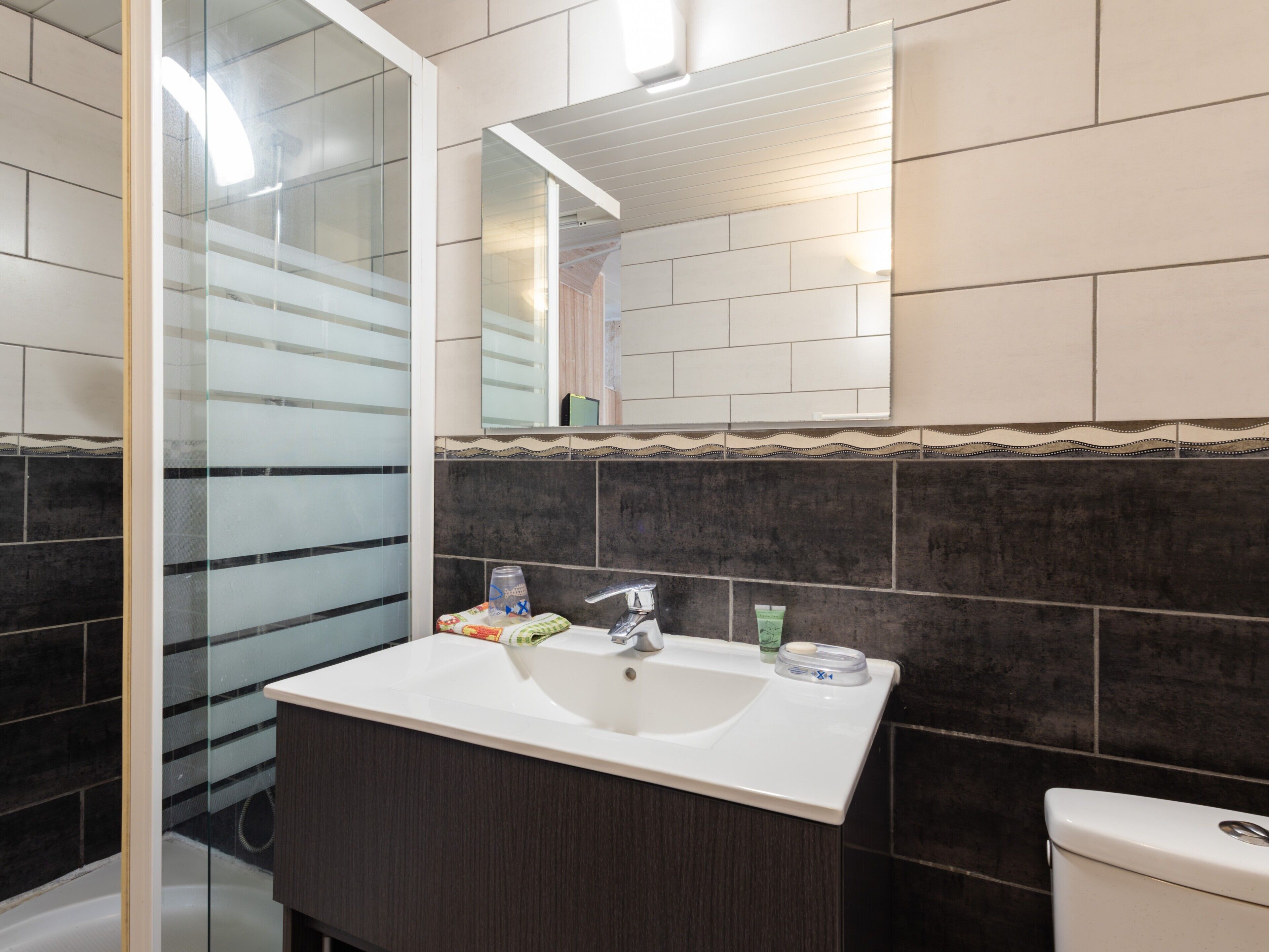 A modern bathroom with a glass shower enclosure, a white sink, dark tiles, and a toilet.