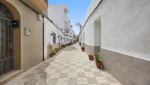 Una calle estrecha con edificios blancos, plantas en macetas y adoquines.
