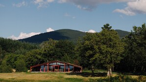 A modern building with large glass windows, surrounded by lush greenery and a mountain in the background. - Architect's house (Vollore-Montagne)