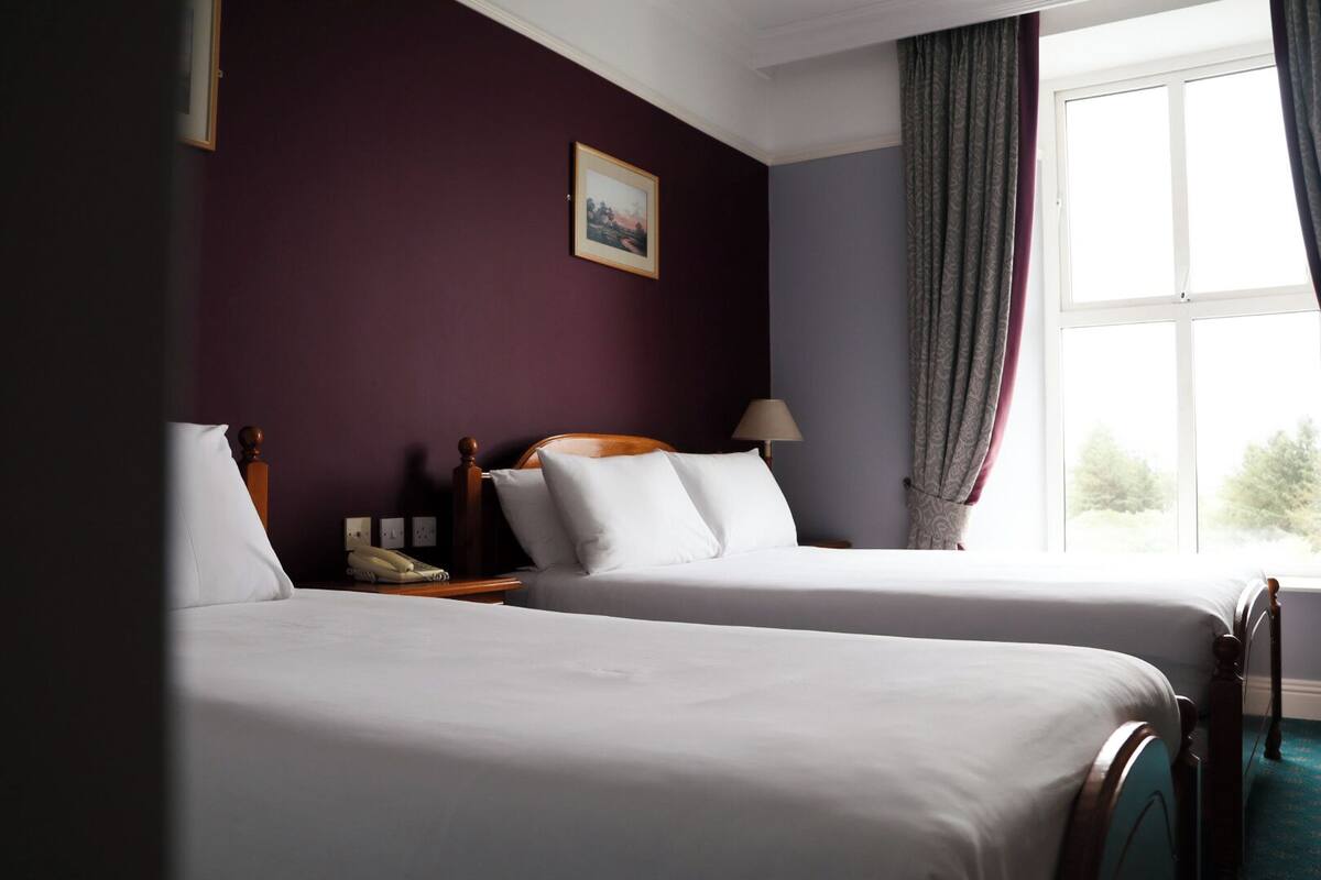 A hotel room with two beds, a bedside table with a lamp, a framed picture on the wall, and a window with curtains.