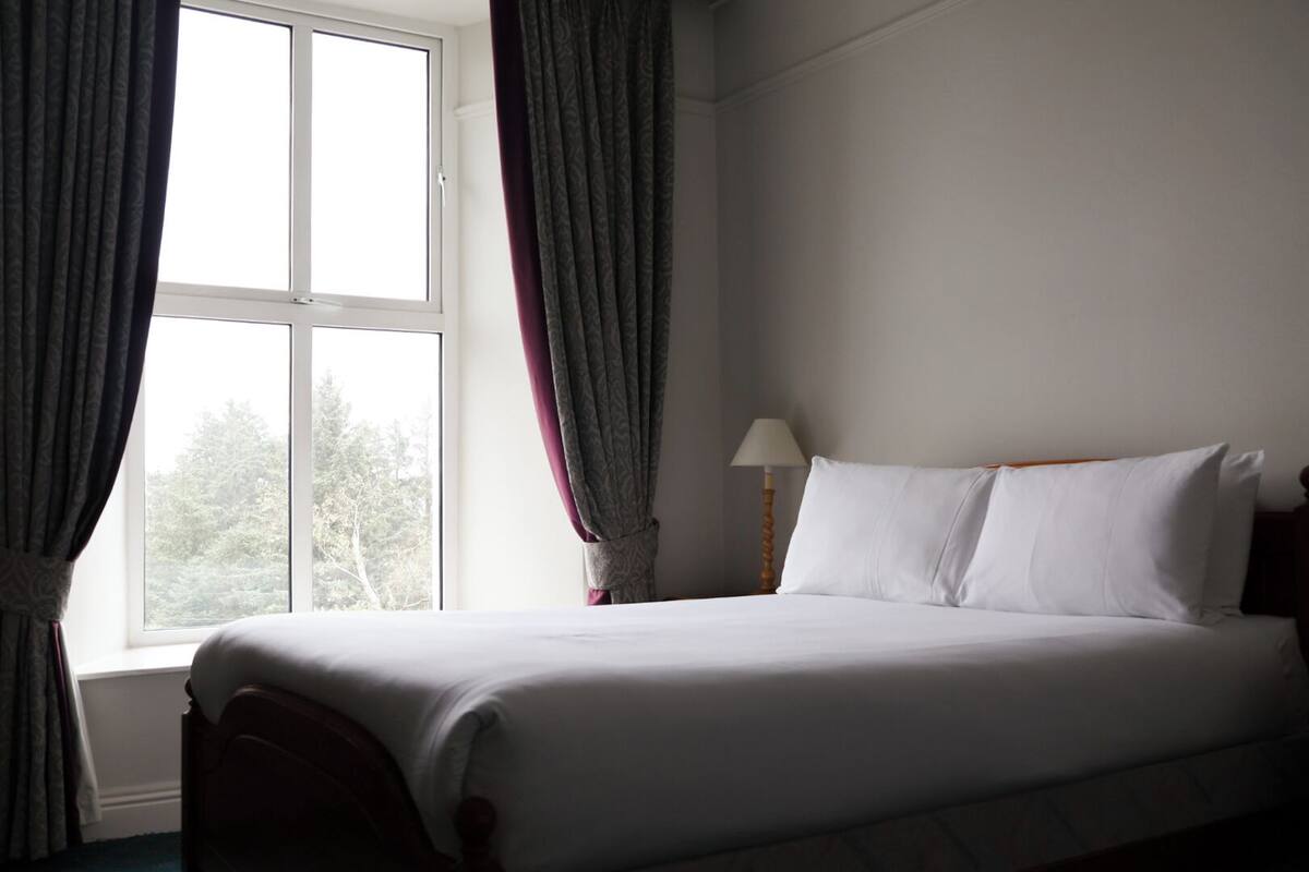 A hotel room with a bed, curtains, a lamp, and a window.