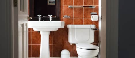 A bathroom with a pedestal sink, a toilet, and a trash can.