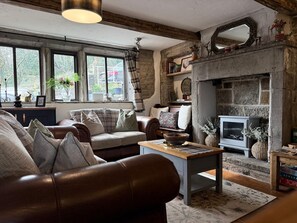 Una televisión, una chimenea, libros, un reproductor estéreo