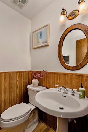 Hair dryer, towels, soap, toilet paper