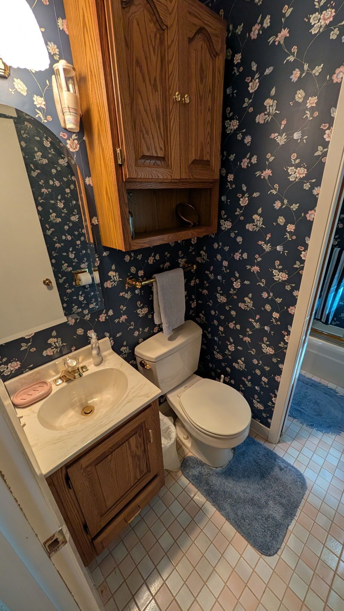 Une salle de bain avec un meuble en bois, un lavabo, des toilettes et un tapis bleu.