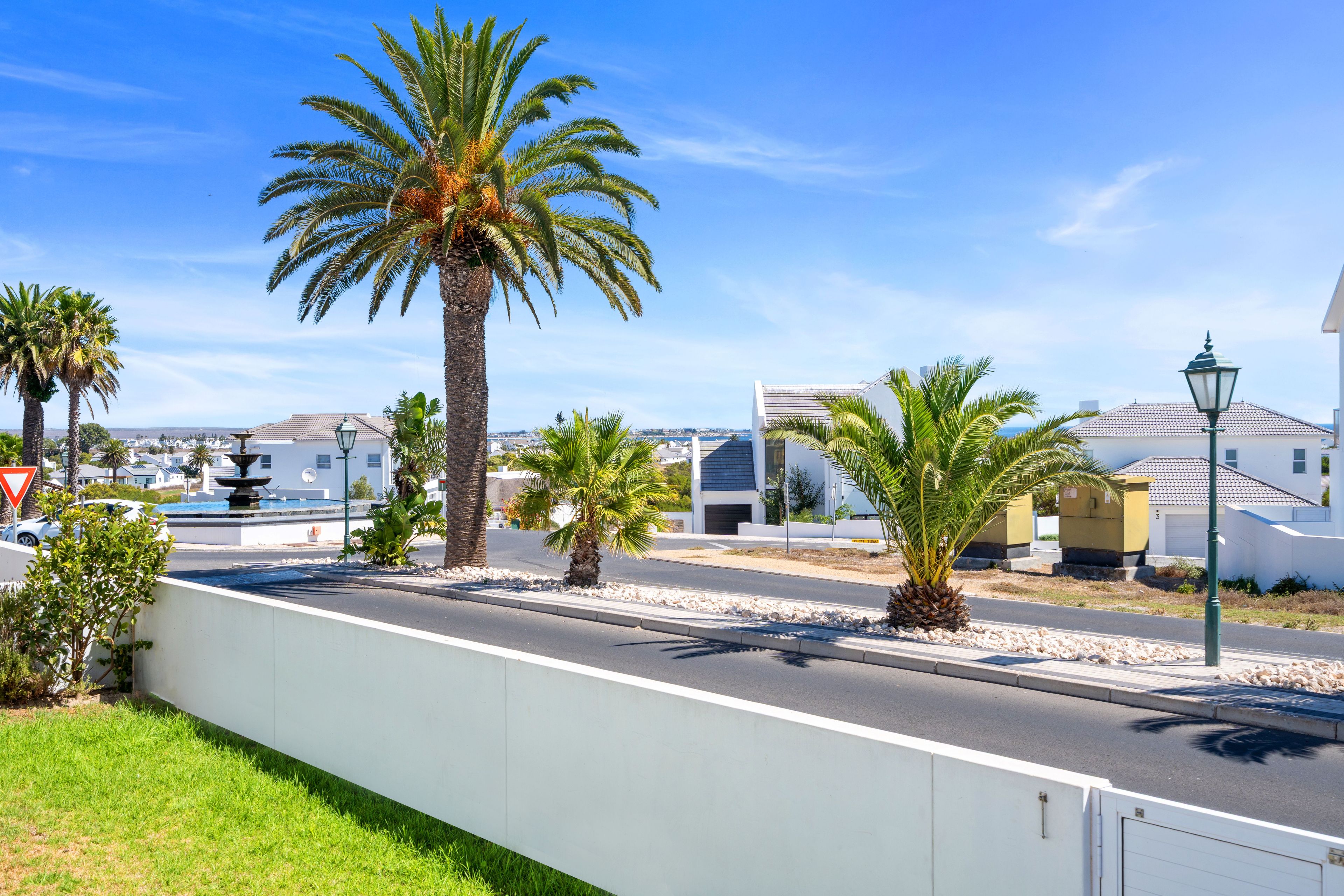 A coastal road with palm trees, a white wall, and buildings in the background.