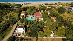 An aerial view of a residential area with houses, a swimming pool, and a beach. - FRUIT VILLAGE HOLIDAY BEACH (Diamante)