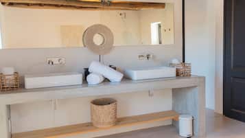 Separate bathtub and shower, hair dryer, towels, soap