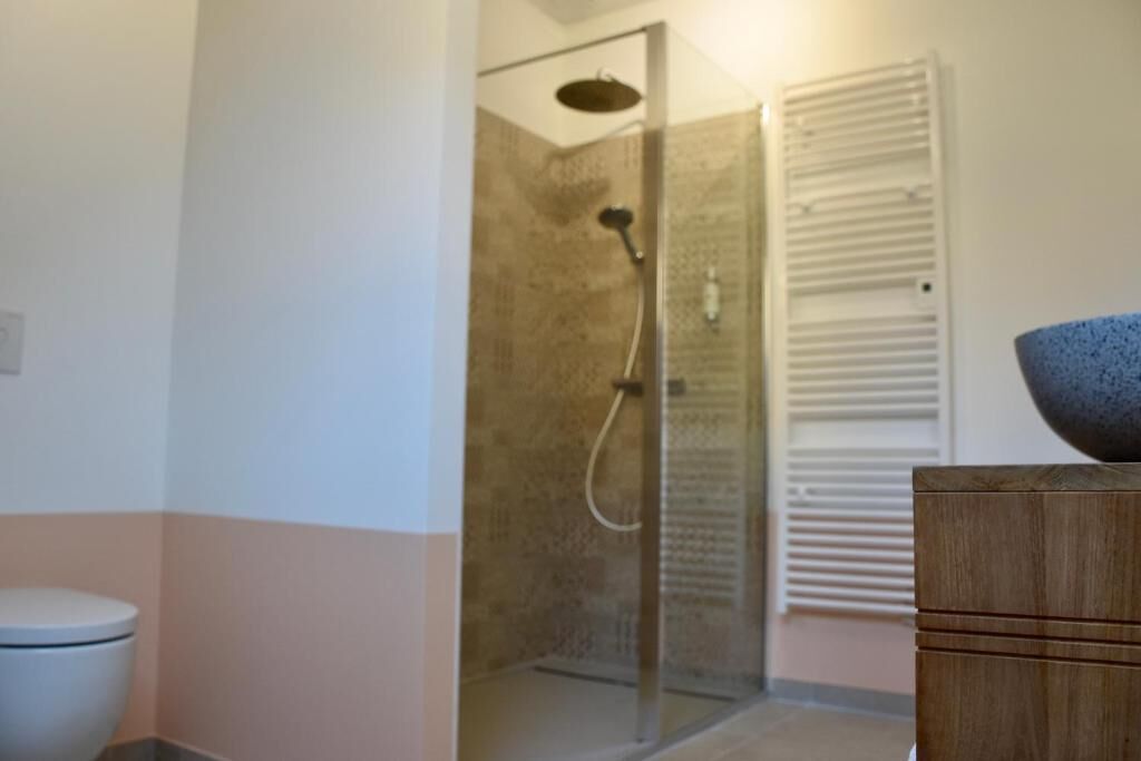 Un baño con inodoro, ducha con cerramiento de vidrio y armario de madera.