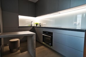 Deluxe Studio, 1 Queen Bed, Air conditioning, City View | Private kitchen | Full-size fridge, microwave, oven, stovetop - Modern central Apt with AC parking gym (Riga)