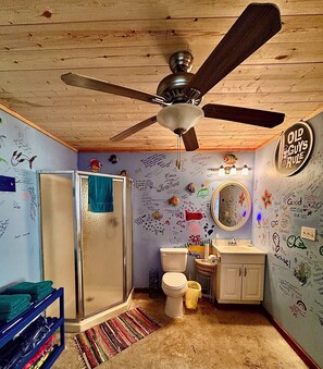 Shower, hair dryer, towels, toilet paper