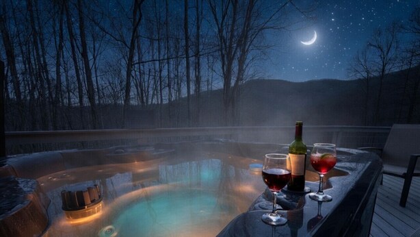 Un jacuzzi con cubierta de madera, rodeado de árboles y un cielo nocturno con una luna creciente.
