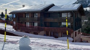 Eine Holzhütte mit Balkon, umgeben von Schnee, und ein rotes Fangnetz im Vordergrund.